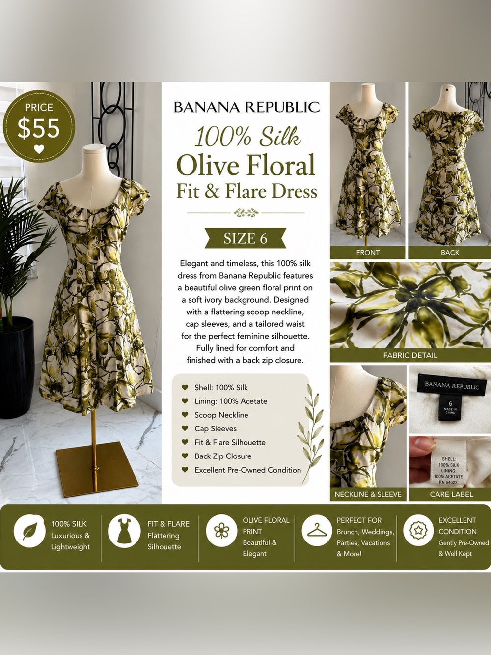 Banana Republic Olive Floral Silk Fit & Flare Dress